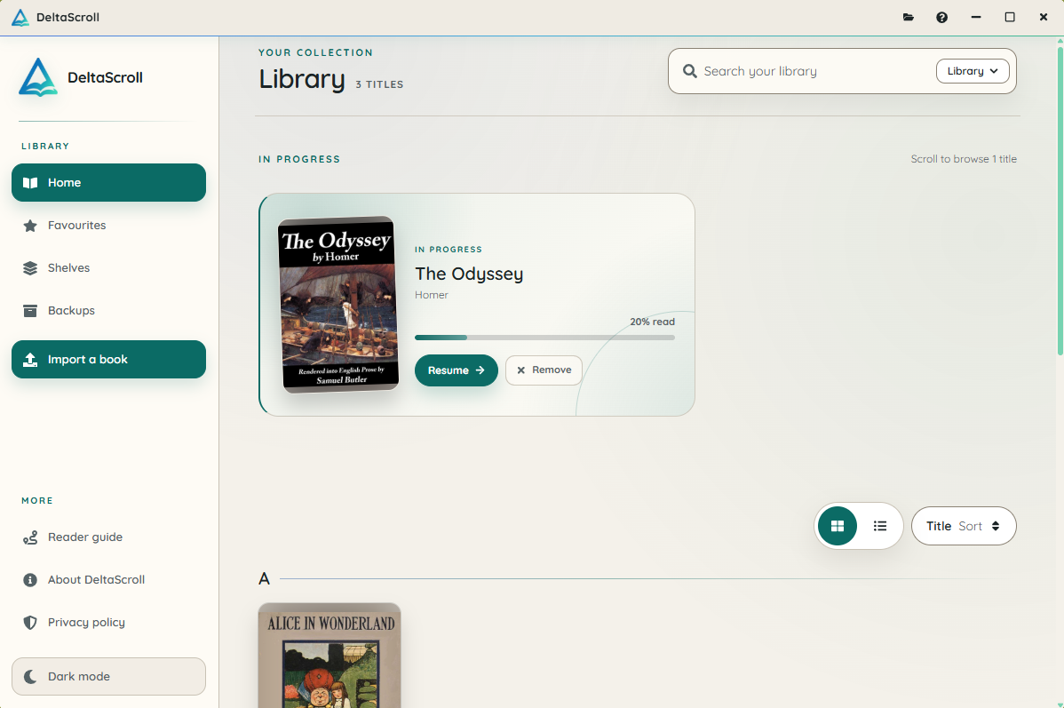 DeltaScroll Windows application showing the library with The Odyssey in progress